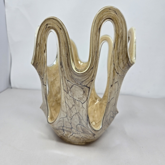 Makora Krosno Vintage Hand Blown Made Swirl Gold & Brown Open Vase Glass Ruffle - Picture 3 of 10